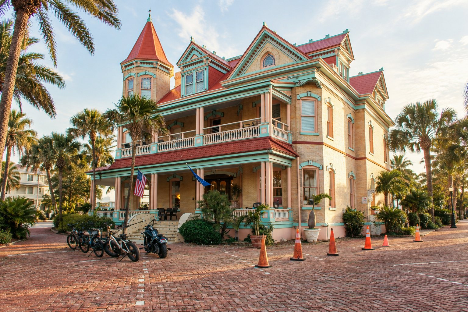 Victorian mansion with a red roof and balconies